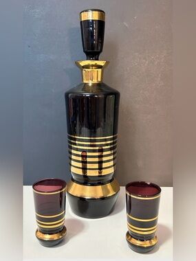 MCM Vintage Amethyst Glass Gold Striped Decanter Set - 4pc AS IS